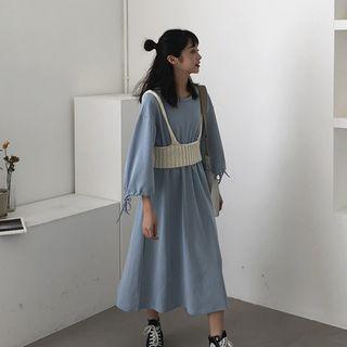 Crew-neck 3/4-sleeve Midi A-line Dress / Knitted Camisole Top