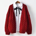 Cable-knit Open-front Cardigan Wine Red - One Size