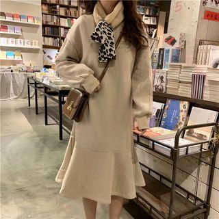 Set: Ruffle-hem Long-sleeve Midi Shift Dress + Bow Accent Furry Scarf