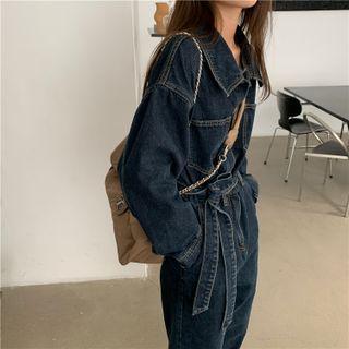 Lapel Pocket-detail Wide-leg Denim Jumpsuit