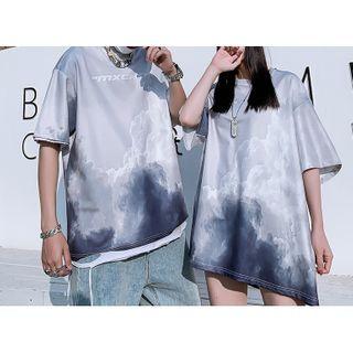 Couple Matching Elbow-sleeve Lettering T-shirt / Elbow-sleeve Chinese Character Print Shirt / Tie / Set