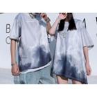 Couple Matching Elbow-sleeve Lettering T-shirt / Elbow-sleeve Chinese Character Print Shirt / Tie / Set