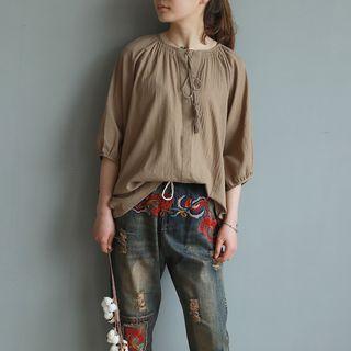 Tassel Accent Elbow-sleeve Blouse