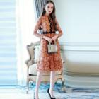 Gathered-waist Long-sleeved Stand Collar Panel Lace Sheath Dress