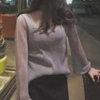 Set: Sheer Long-sleeve Top + Pleated Strappy Midi Dress