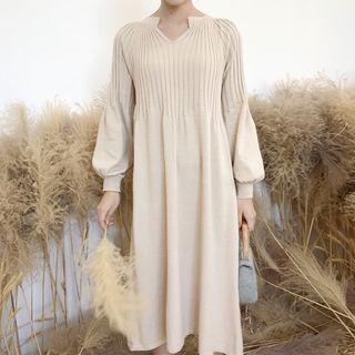 Lantern-sleeve Midi Knit Dress