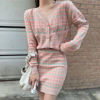 Set: Plaid Cardigan + Mini Fitted Knit Skirt Cardigan - Pink - One Size / Skirt - Pink - One Size