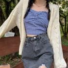 Long-sleeve Plain Knit Cardigan / Plaid Cropped Camisole Top