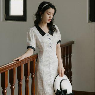 Short-sleeve Contrast Collar Bow Midi A-line Dress
