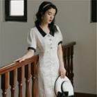 Short-sleeve Contrast Collar Bow Midi A-line Dress