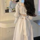 Long-sleeve Square-neck Cutout Bow Accent Dress