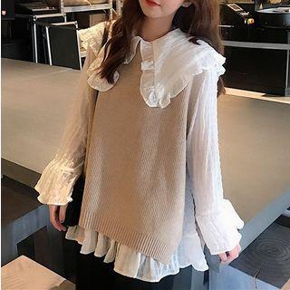 Frilled Chiffon Blouse / Knit Vest