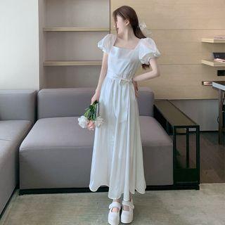 Puff-sleeve High-waist Tie-waist Plain Dress As Shown In Figure - One Size