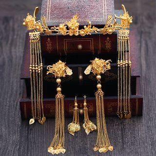 Set: Wedding Fringed Headpiece + Hair Clip + Earring Set Of 3 - Headpiece & Hair Clip & Earring - Gold - One Size