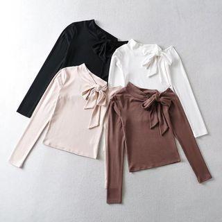 Long-sleeve Cold-shoulder Bow Accent T-shirt