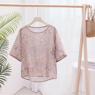 Elbow-sleeve Print Linen Top / Linen Wide Leg Pants