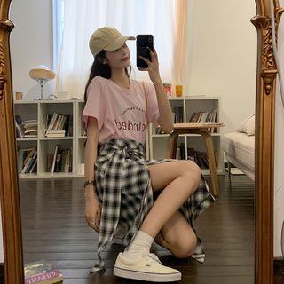 Short-sleeve Lettering T-shirt / Plaid Slit Midi A-line Skirt