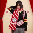 Lettering Striped Knit Scarf Red & White - One Size