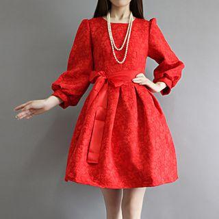 Puff-sleeve Plain Long-sleeve A-line Dress