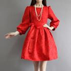 Puff-sleeve Plain Long-sleeve A-line Dress