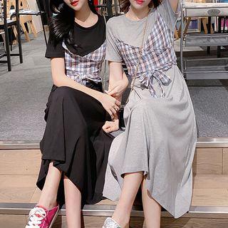 Mock Two-piece Short-sleeve Plaid Paneled A-line Midi T-shirt Dress
