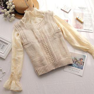 Set: Bell-sleeve Blouse + Knit Vest
