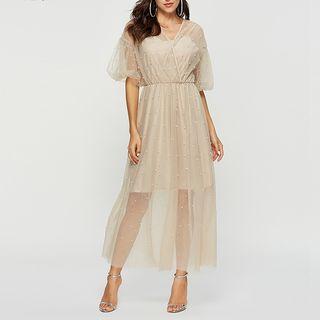 Studded Puff-sleeve Mesh Maxi A-line Dress