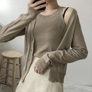 Set: V-neck Cardigan + Halter Knit Top