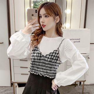 Set: Long-sleeve Top + Spaghetti Strap Checked Crop Top