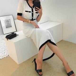 Button Cardigan & Maxi Skirt Ringer Knit Set