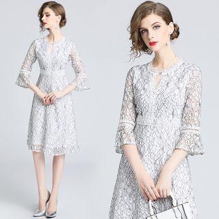 3/4-sleeve Keyhole Front A-line Lace Dress