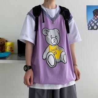 Mock Two Piece Bear Printed T-shirt