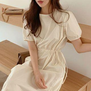 Puff-sleeve Drawstring-waist Midi A-line Dress Almond - One Size