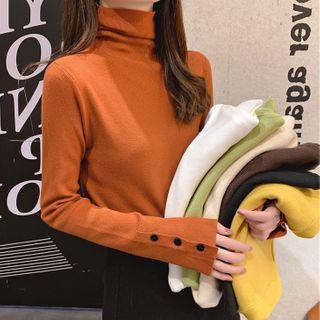 Button-up Cuff Turtleneck Long-sleeve Knit Top