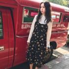 Set : Floral Print Spaghetti Strap Chiffon Dress + Short-sleeve T-shirt