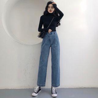 High-neck Plain Knit Top / High-waist Wide-leg Jeans / Long-sleeve Plaid Blazer
