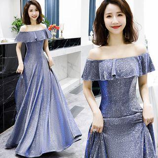 Off-shoulder Ruffled Glittered A-line Evening Gown