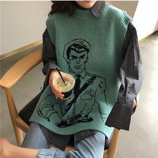 Cartoon Knit Vest / Plaid Shirt