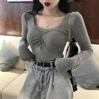 Shirred Front Long-sleeve Plain Top