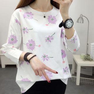 Long-sleeve Flower Print Loose Fit T-shirt
