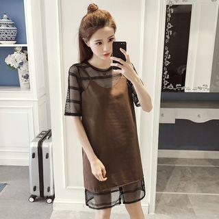 Mock Two-piece Mesh Panel Short-sleeve Dress