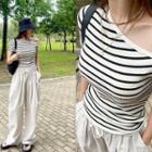 One-shoulder Ribbed Stripe Top Ivory - One Size