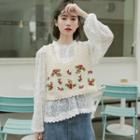 Lace Blouse / Flower Embroidered Knit Vest / Set