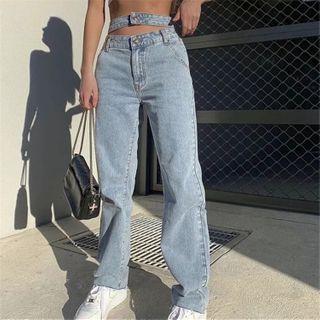 High-waist Cutout Distressed Straight Leg Jeans