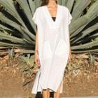 Sleeveless V-neck Plaid Midi Dress Plaid - White - One Size