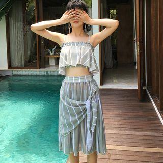 Set: Striped Ruffle Trim Bikini + Cover-up