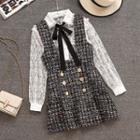 Set: Long-sleeve Lace Top + Mini Tweed Pinafore Dress
