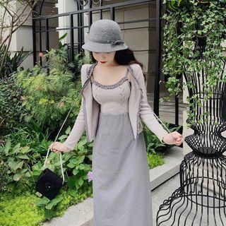 Frill Trim Cardigan / Spaghetti Strap Midi Dress