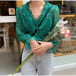 Long-sleeve Frill Trim Floral Chiffon Blouse Green - One Size