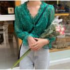 Long-sleeve Frill Trim Floral Chiffon Blouse Green - One Size